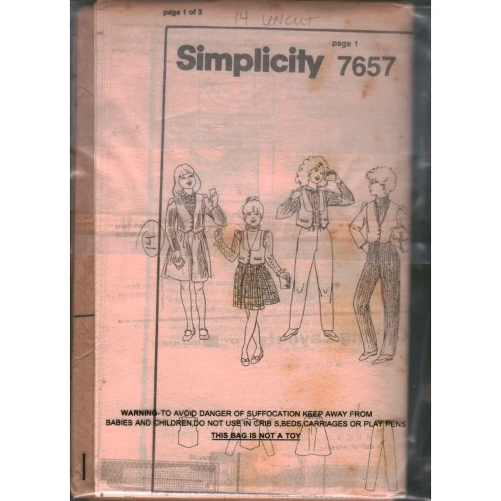 Simplicity 7657 Vintage 80s Kids Sewing Pattern Vest Jacket Pants Skirt Uncut 14